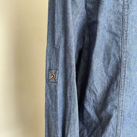 Ellos Western Denim Midi Dress Sz S/M Pearl Button Roll Tab Peasant Cottagecore - Picture 9 of 14